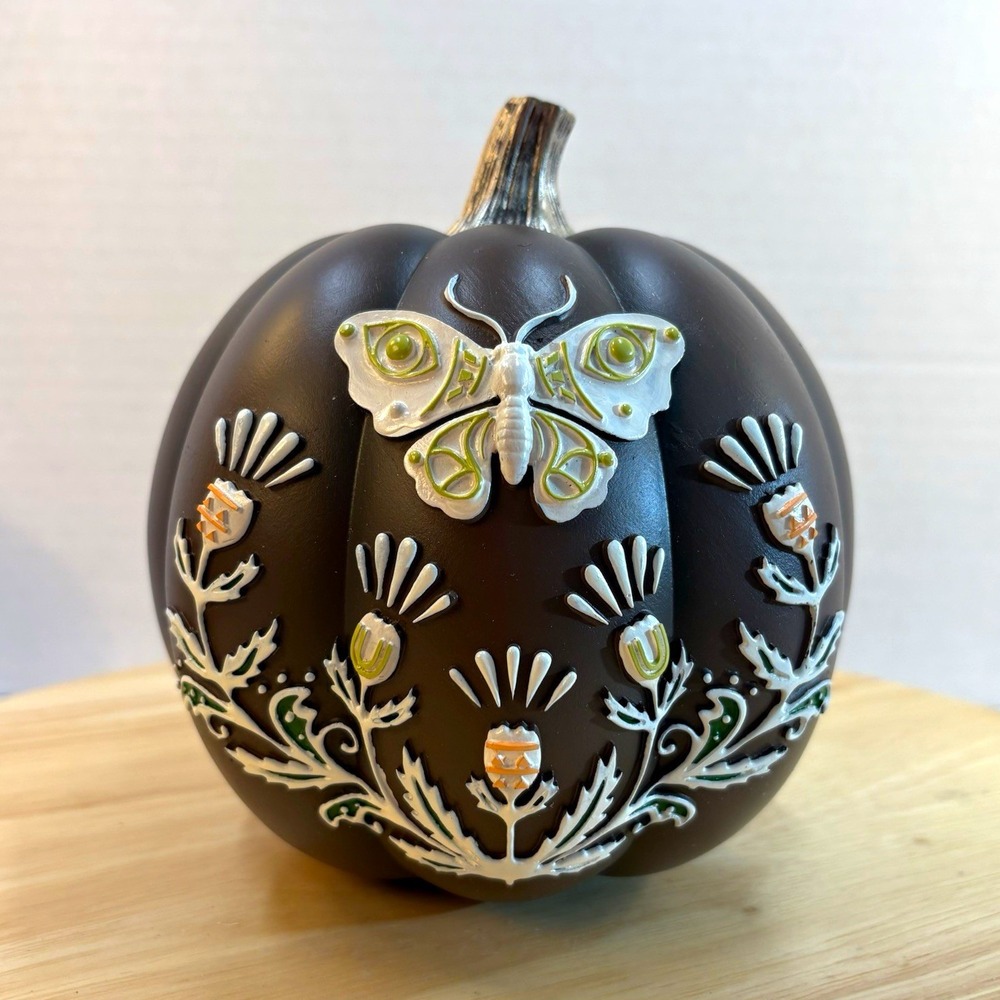 Halloween Pumpkin Figurine Butterfly Floral Design Matte Black White Green 6 in